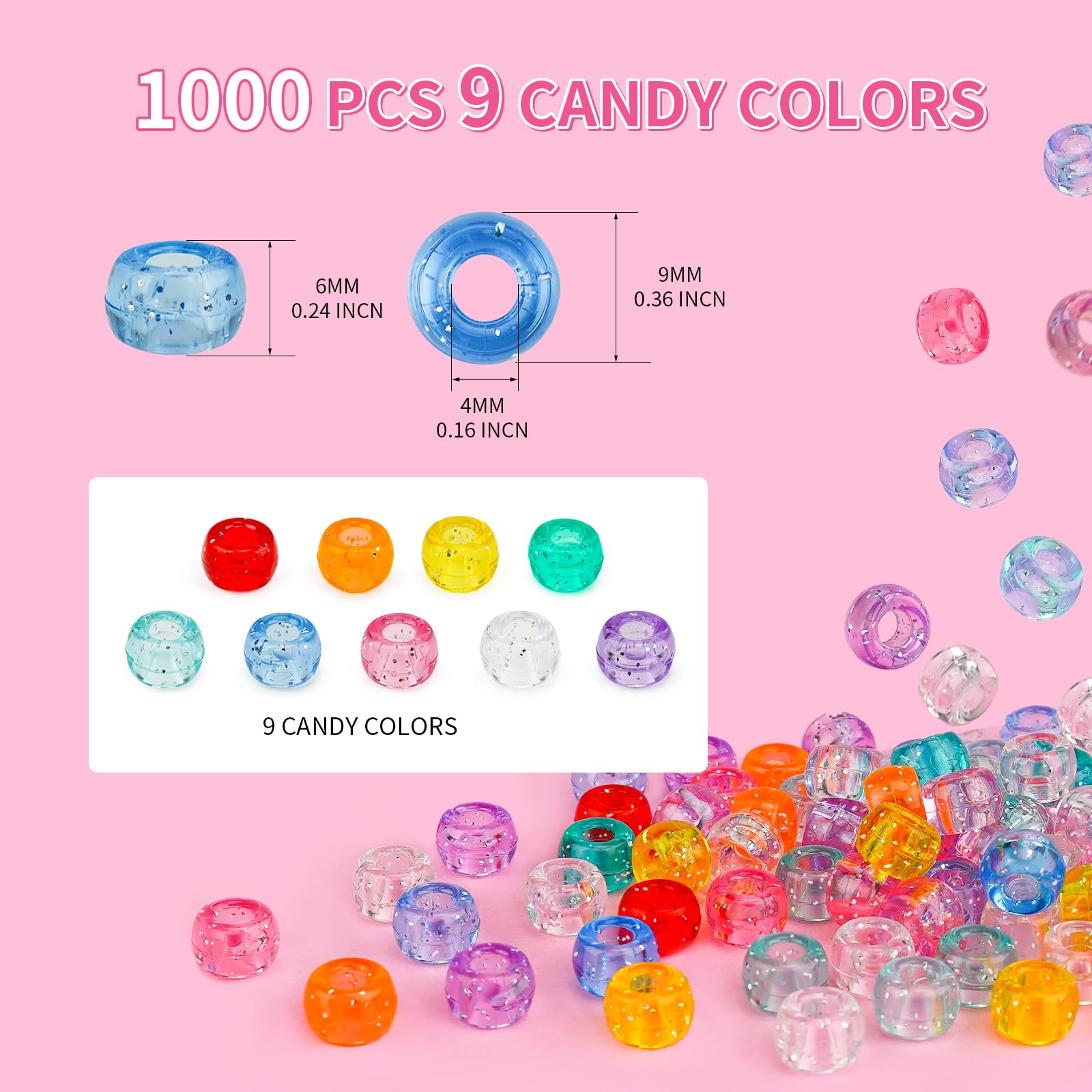 1000+pcs Glitter Pony Beads Bulk, Acrylic 9mm Large Plastic Bead for Bracelets Big Hole Hair Braids Crafts DIY Projects