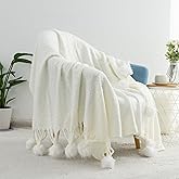 GINAMUSE White Pom Pom Throw Blanket for Couch, 60"X80" Soft Lightweight Knitted Farmhouse Decorative Blankets for Bed and Sofa