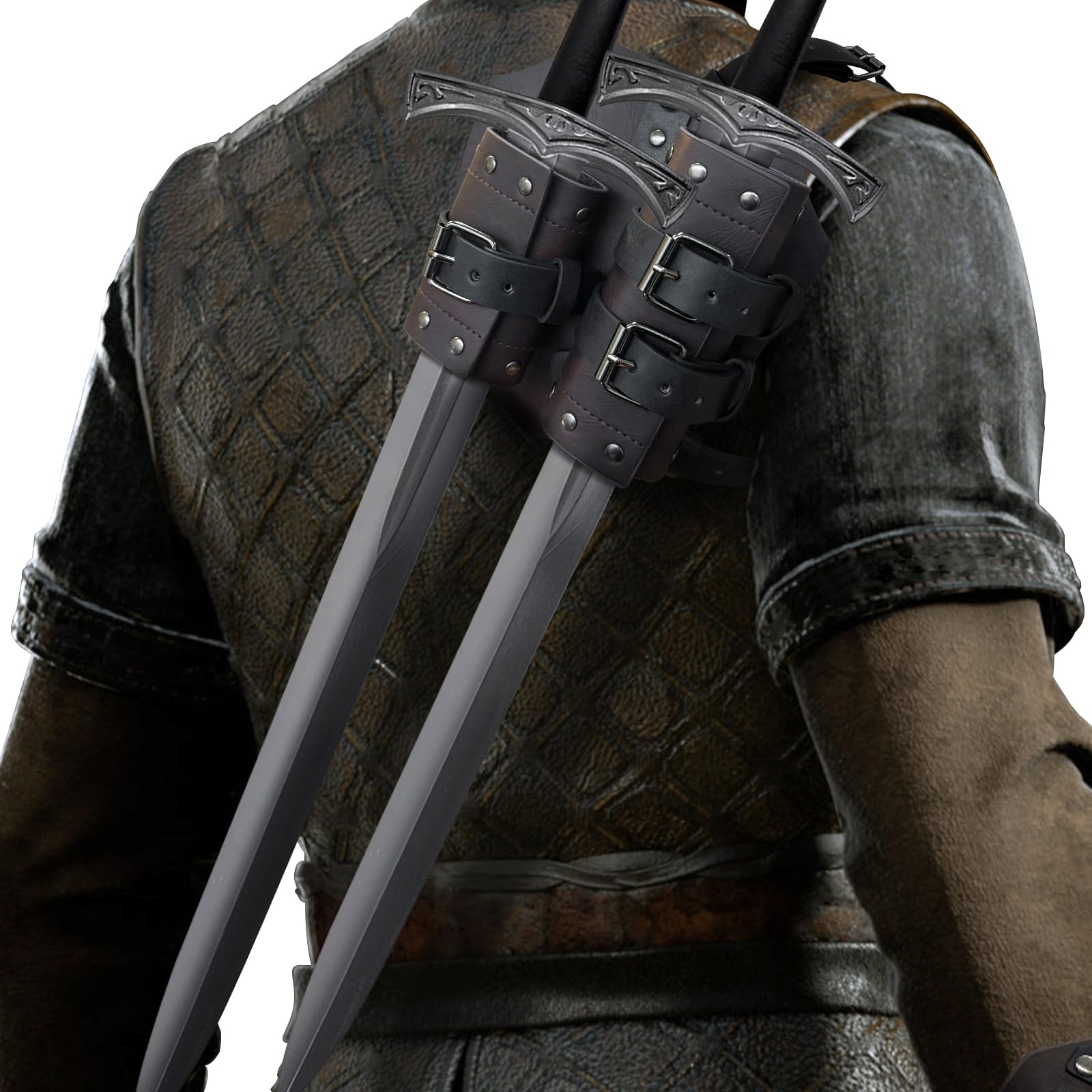 HiiFeuer Medieval Faux Leather Double Back Sword Frog, Mercenary Adjustable Sword Holster, Middle Ages Back Sword Holster (Dark Brown A)