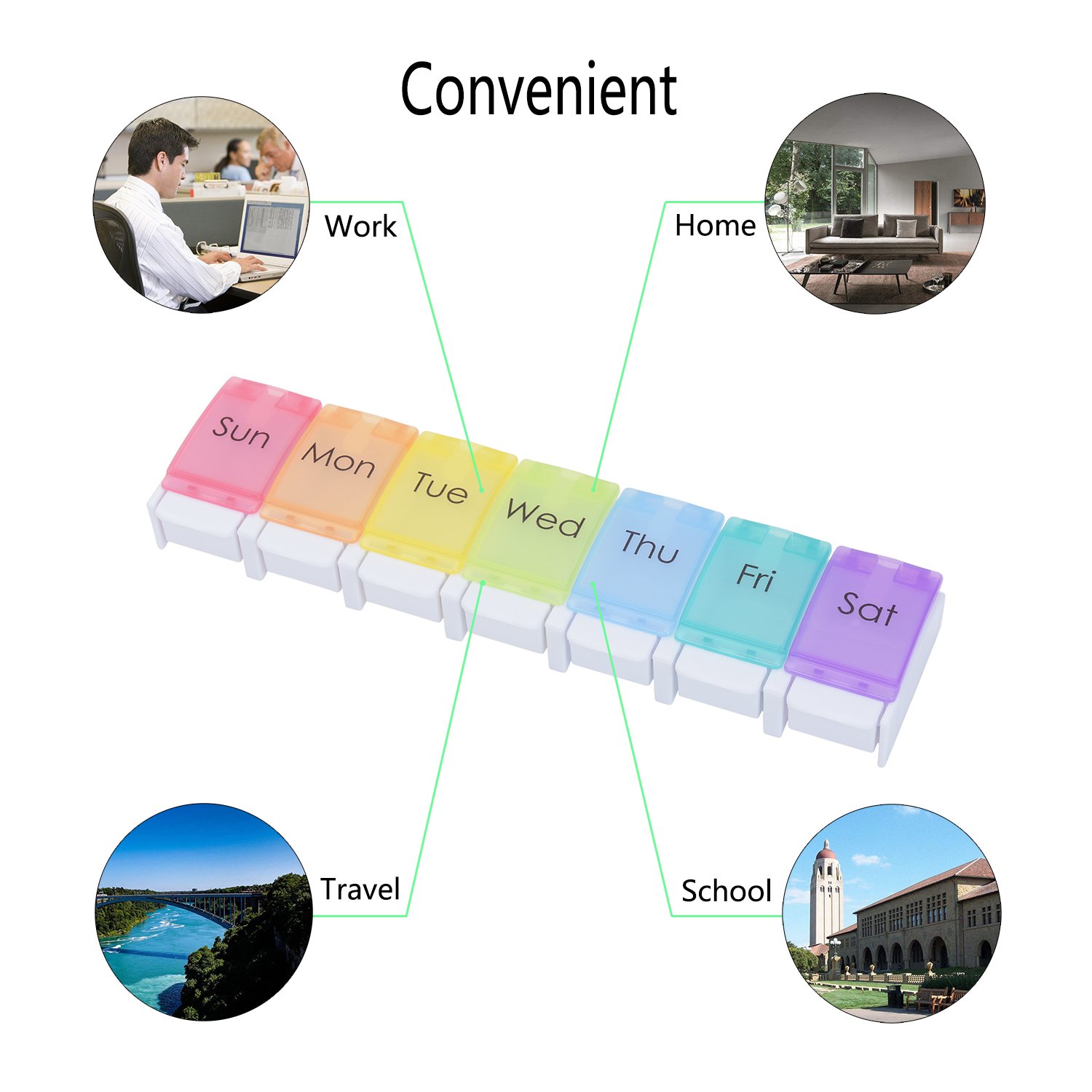 Pill Organizer, CHC Weekly Pill Planner Portable Travel Pill Container with Spring Assisted Open Large Compartments to Vitamins, Fish Oil, Supplements, Rainbow