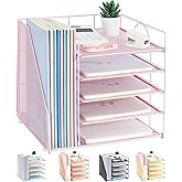 LEKETREE Desk Organizers and Accessories, 5-Tier Paper Letter Tray Organizer with File Holder, Desktop Organizer for Office Supplies (Pink)