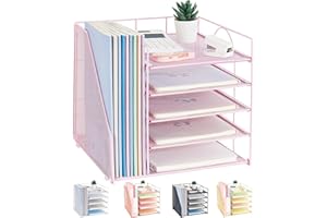 LEKETREE Desk Organizers and Accessories, 5-Tier Paper Letter Tray Organizer with File Holder, Desktop Organizer for Office Supplies (Pink)