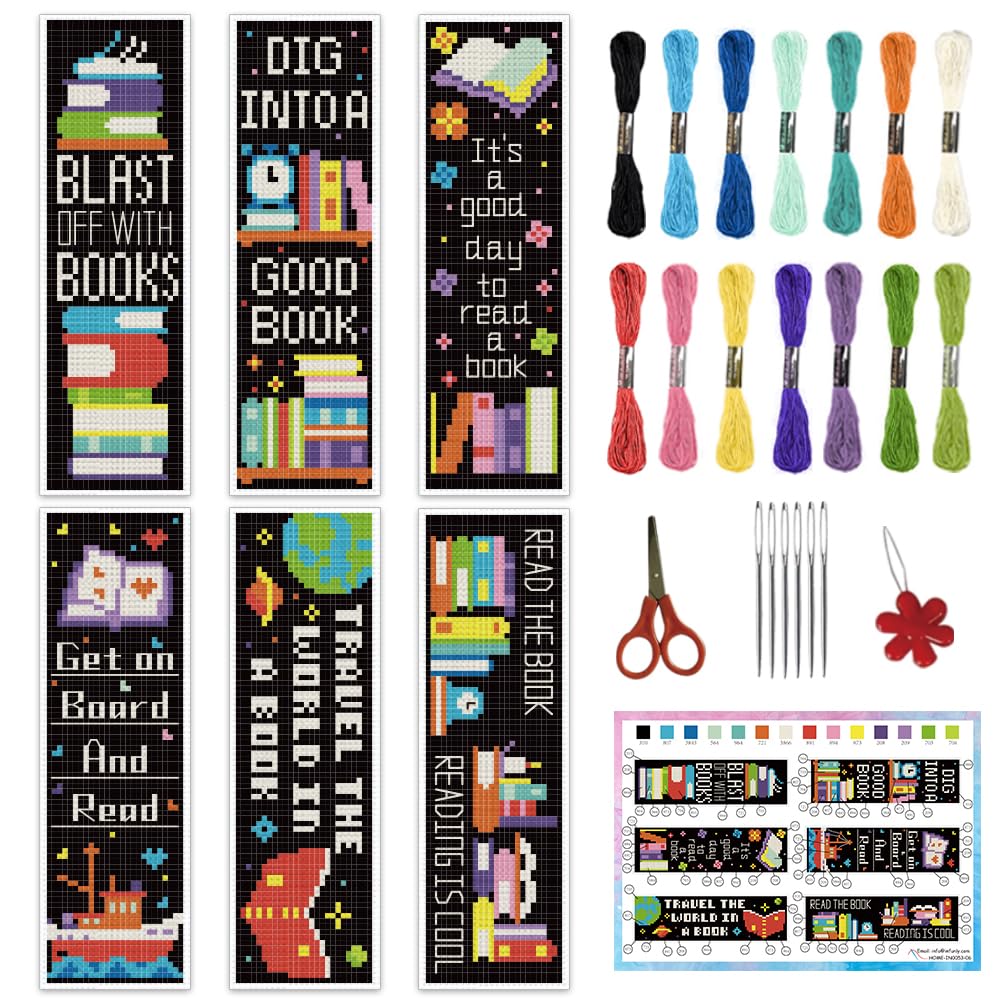INFUNLY 6PCS Book Theme Cross Stitch Bookmark Kits - 8''x2.4'' Study Bookmark Making Kit with Instruction for Beginners