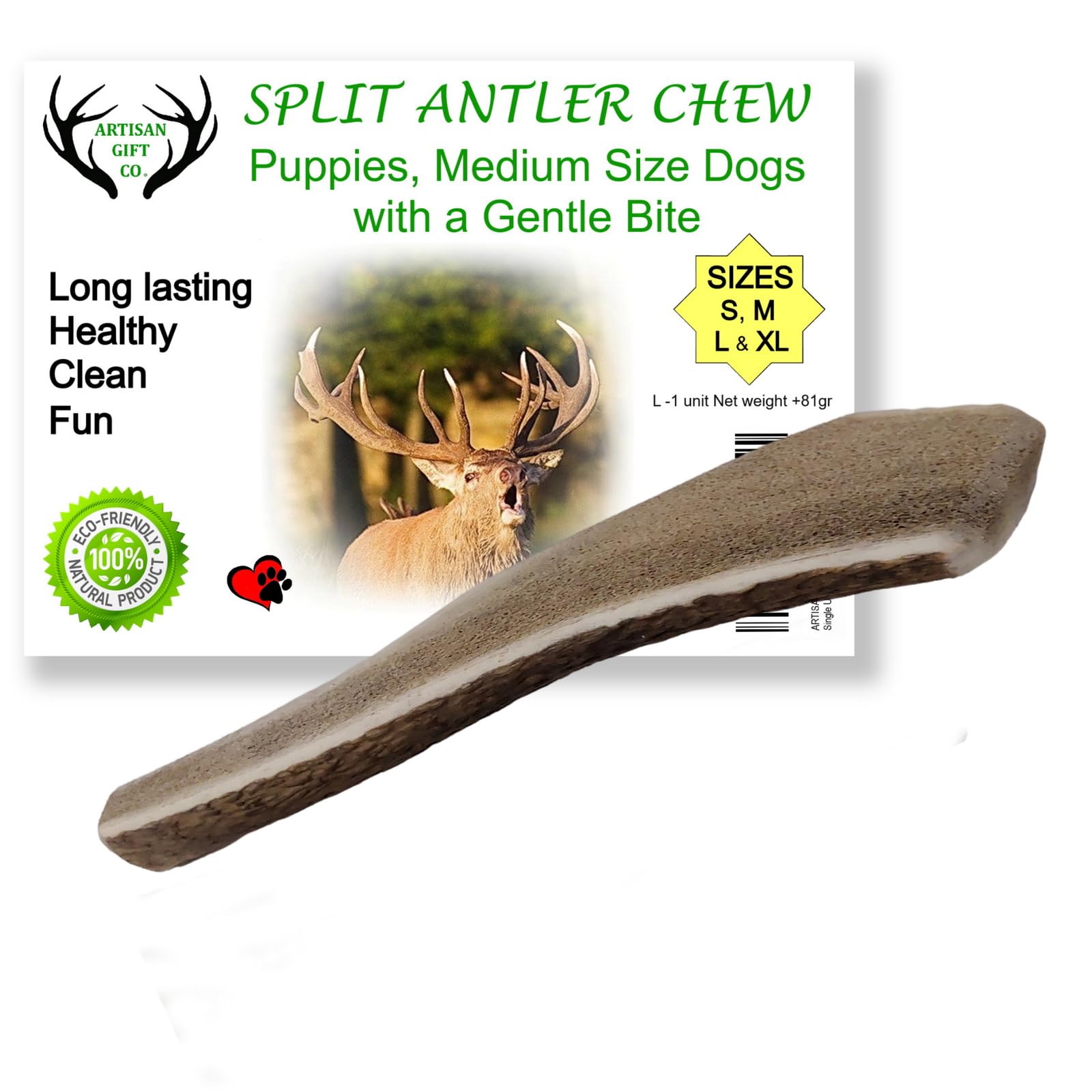 ARTISAN GIFT CO Naturally Shed 100% Natural Premium Split Deer Antler Chew for Dogs - minimum weight 81g (L - 1 Unit)