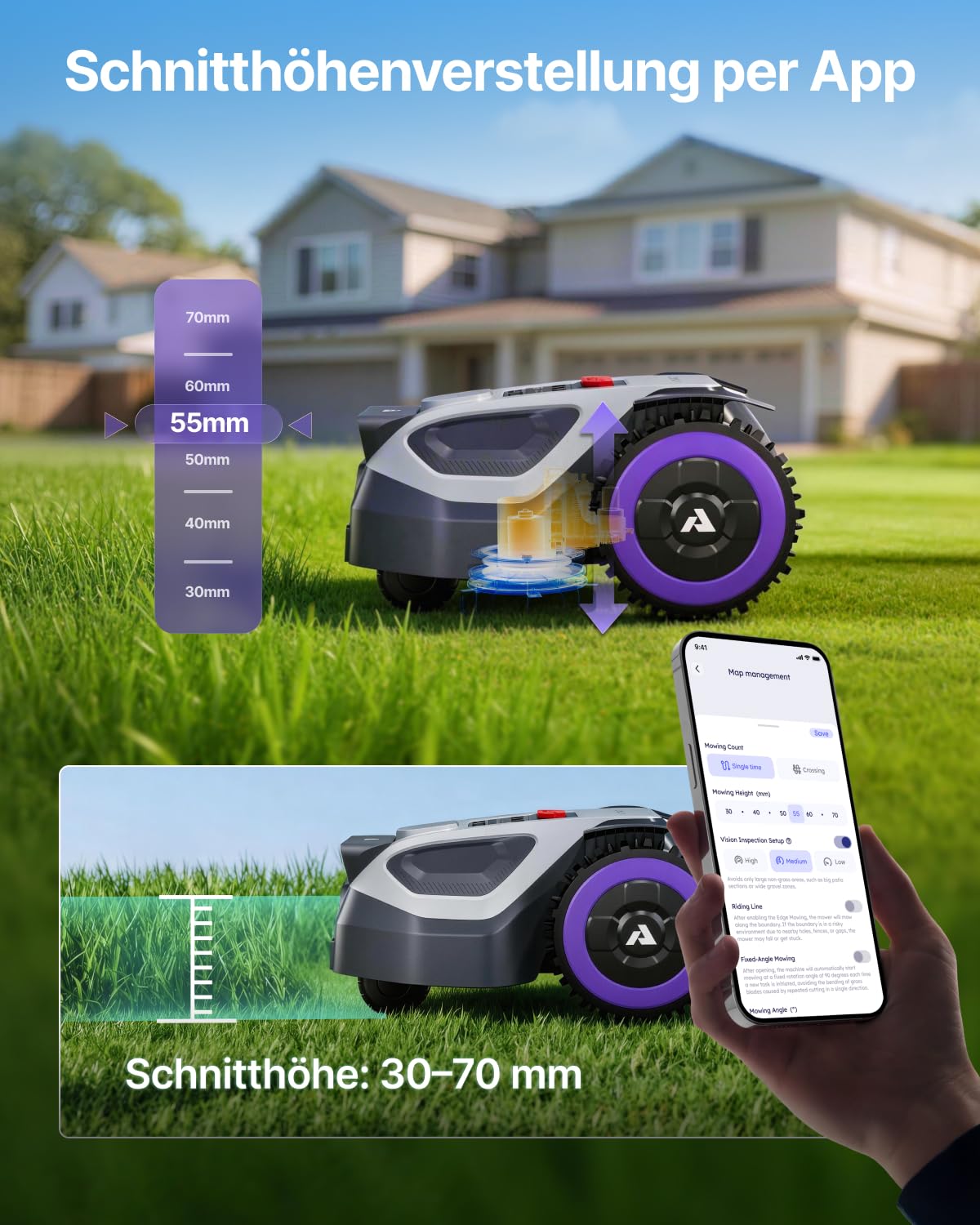 ANTHBOT M9 Mähroboter ohne Begrenzungskabel, Neuer Genie mit NRTK-Navigation & Dual-Vision, bis 900 m² (max. 1200 m²), Schnitthöhe per App, KI-Hindernisvermeidung, Rasenroboter mit 45% Steigung 6