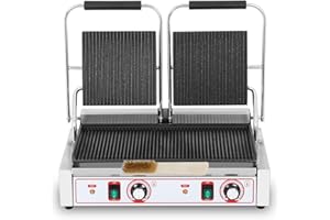 KOUWO Commercial Panini Grill Grooved Press Sandwich Maker Industrial Panini Machine Single Grill Big (Double Ribbed Panini Press Grill)