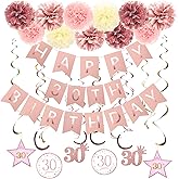 GuoZhiXin Rose Gold Party Decorations , Rose gold Glittery Happy 30th Birthday Banner,Poms,Sparkling Hanging Swirls Kit for 30th Birthday Party Supplies