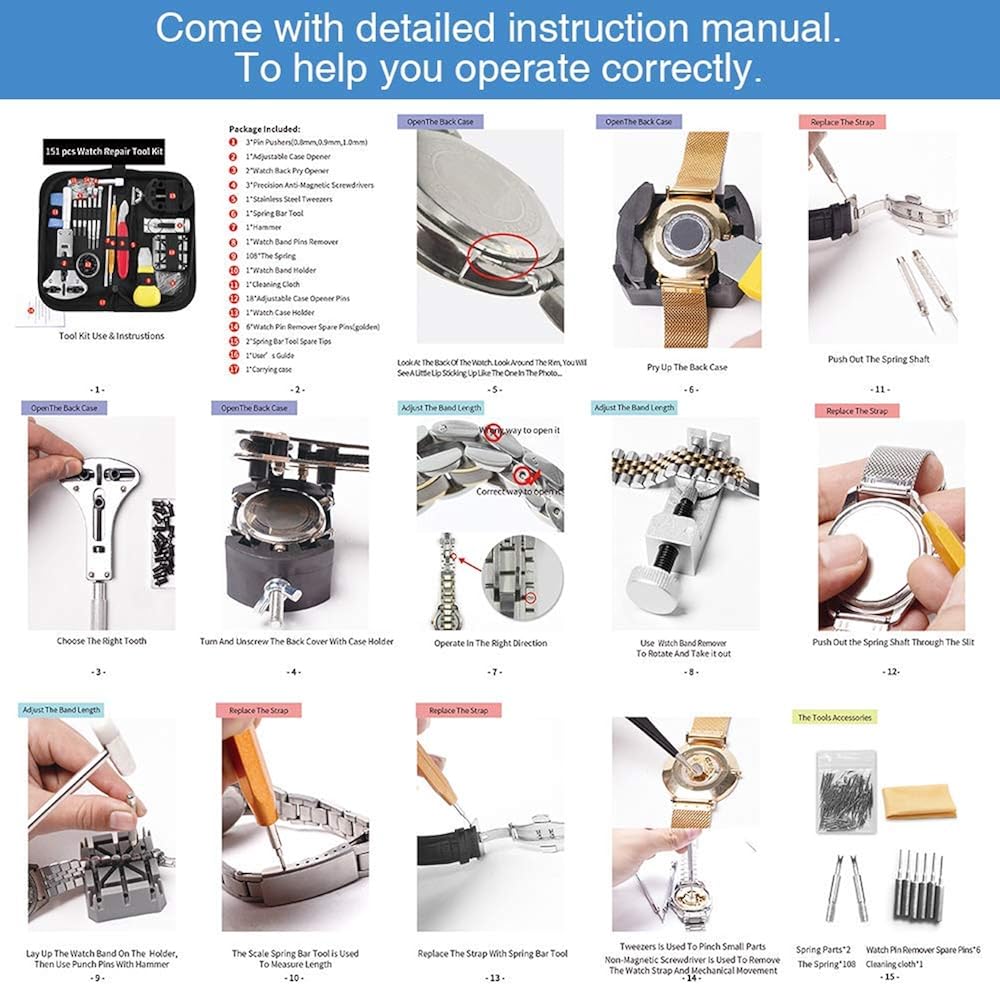 Skydon Watch Repair Kit Professional Deluxe Set with Batteries Replacement Kit, Watch Link Removal Tool, Watch Back Case Opener Tool, Spring Bar Tool for Watch Band and Instruction Manual: Watches
