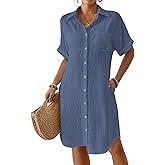 Bsubseach Womens Swimsuit Coverup Long Button Down Bathing Suit Cover Ups Short Sleeve Summer Beach Shirt Dress with Pockets