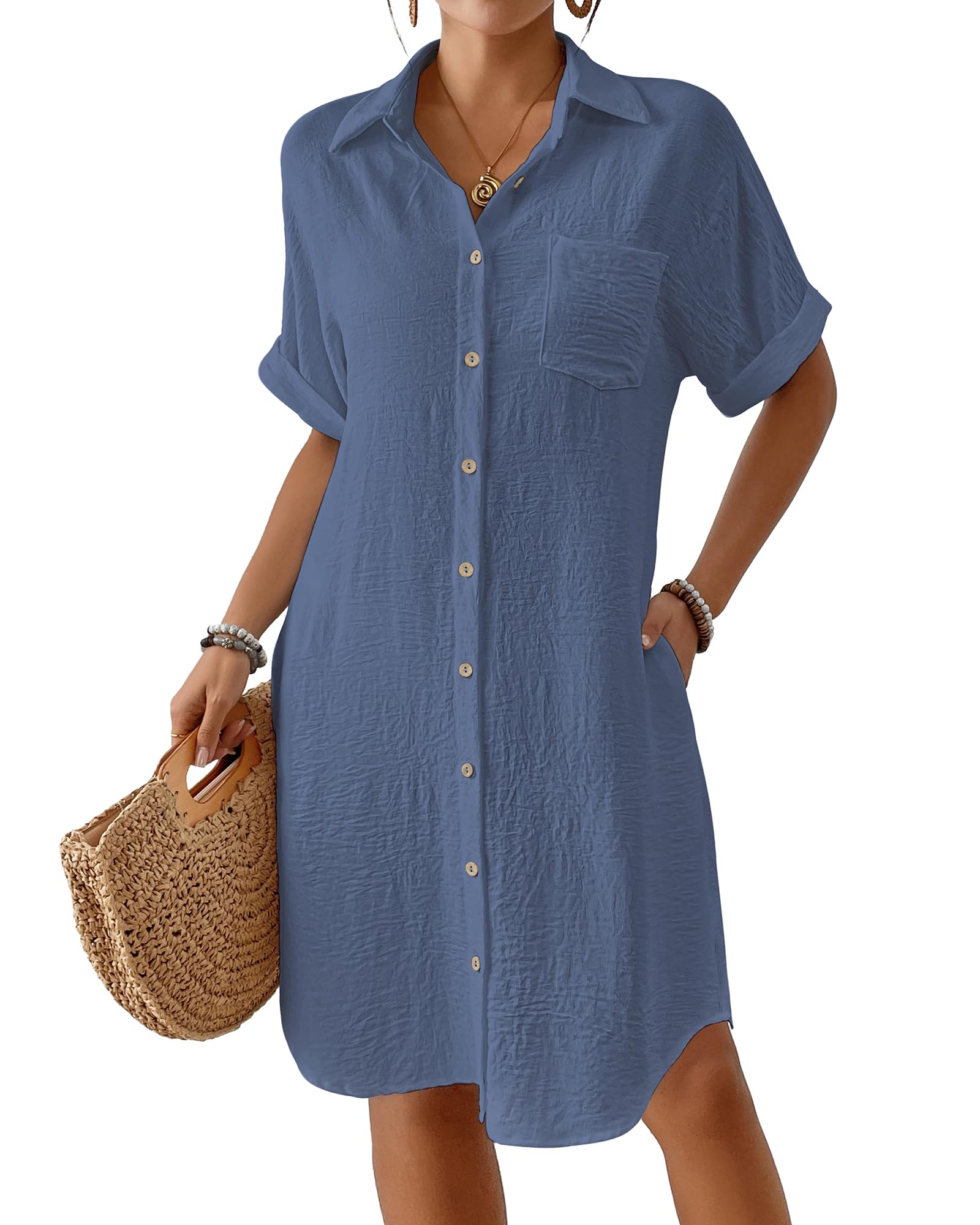 Photo 1 of Bsubseach Womens Swimsuit Coverup Long Button Down Bathing Suit Cover Ups Short Sleeve Summer Beach Shirt Dress with Pockets Airy Blue L