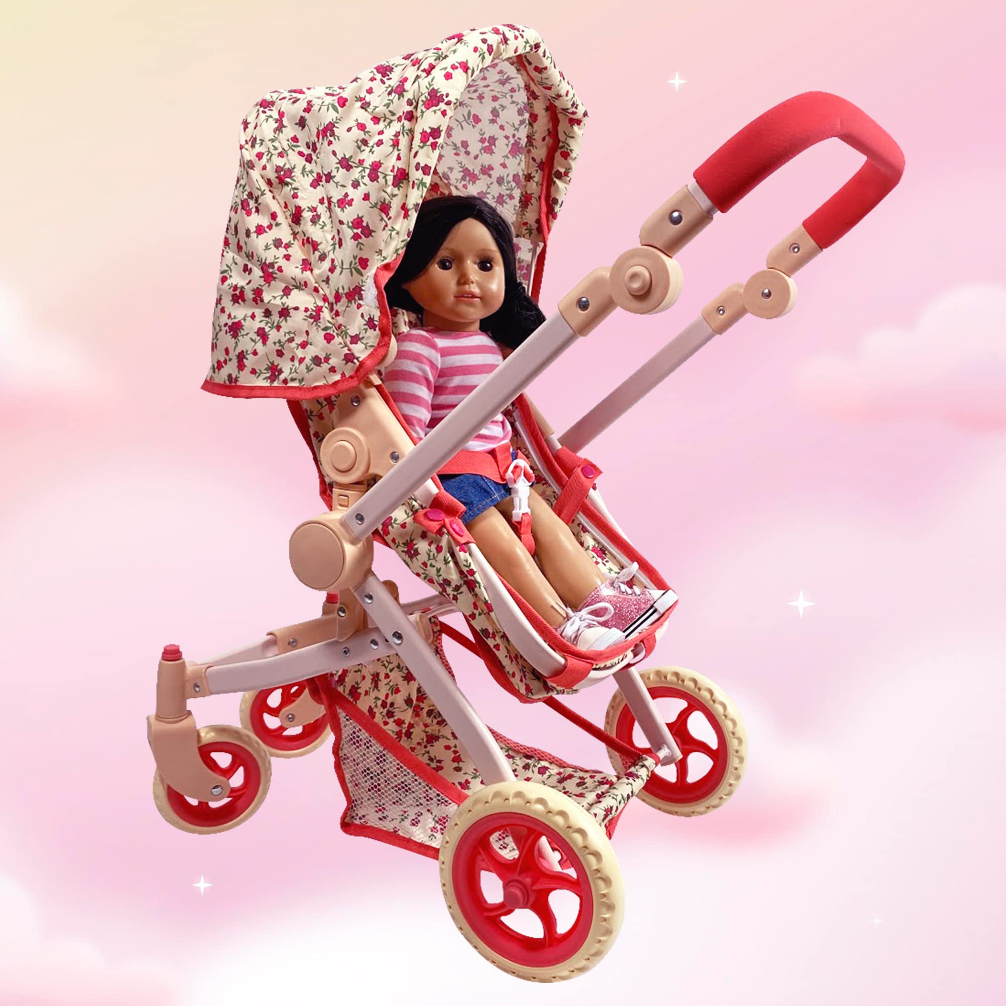 Convertible Combo Baby Doll Stroller for 3 Year Old Girls & Up | Play Toy Baby Stroller for Dolls, Folding Adjustable Bassinet Carriage Buggy with Storage Basket Converts to Sit Up Pushcart Pram, Red