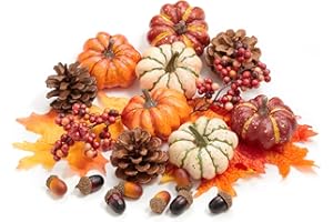 HSTEY Mini Artificial Pumpkin Set 21 pcs, Fall Harvest Decoration Kit with Pumpkins, Pinecones, Foam Berries, Acorns, Maple Leaves for Autumn Thanksgiving Halloween Farmhouse Table Decor