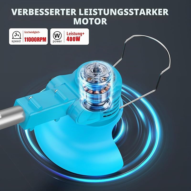 Rasentrimmer mit Akku 21V, Freischneider mit 2 Akkus 2.0Ah, 2 Arten von Metal Klingen Akku Rasentrimmer, Gartenschere, Verstellbarer Griff für Rasen Garten Beschneiden, Blau (Blau)