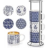 Eorbow 4 Pack Ceramic Coffee Mug Set with Rack, 16 OZ Stackable Cappuccino Cups with Metal Stand, Blue and White Porcelain Tea Mugs for Latte, Americano, Milk, Hot Cocoa, Beverages, Microwave Safe