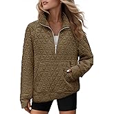 COCCKO Womens Long Sleeve Quarter Zip Pullover Quilted Sweatshirt Casual Loose V Neck Collared Thumb Hole Tops with Pockets