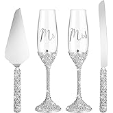 Sratte 4 Pcs Wedding Cake Knife and Champagne Flutes Server Set, Toasting Crystal Rhinestone Champagne Flutes Glasses Cake Knife Pie Server Wedding Gifts for Couple Bride Groom(Silver)