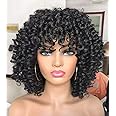 ANNIVIA Curly Afro Wig with Bangs Short Kinky Curly Wigs for Black Women Synthetic Fiber Soft Hair Short Curly Afro Wig (Black)