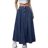ebossy Women's Casual Pleated Back-Elastic Waist A-line Flowy Draped Maxi Denim Skirts with Pockets