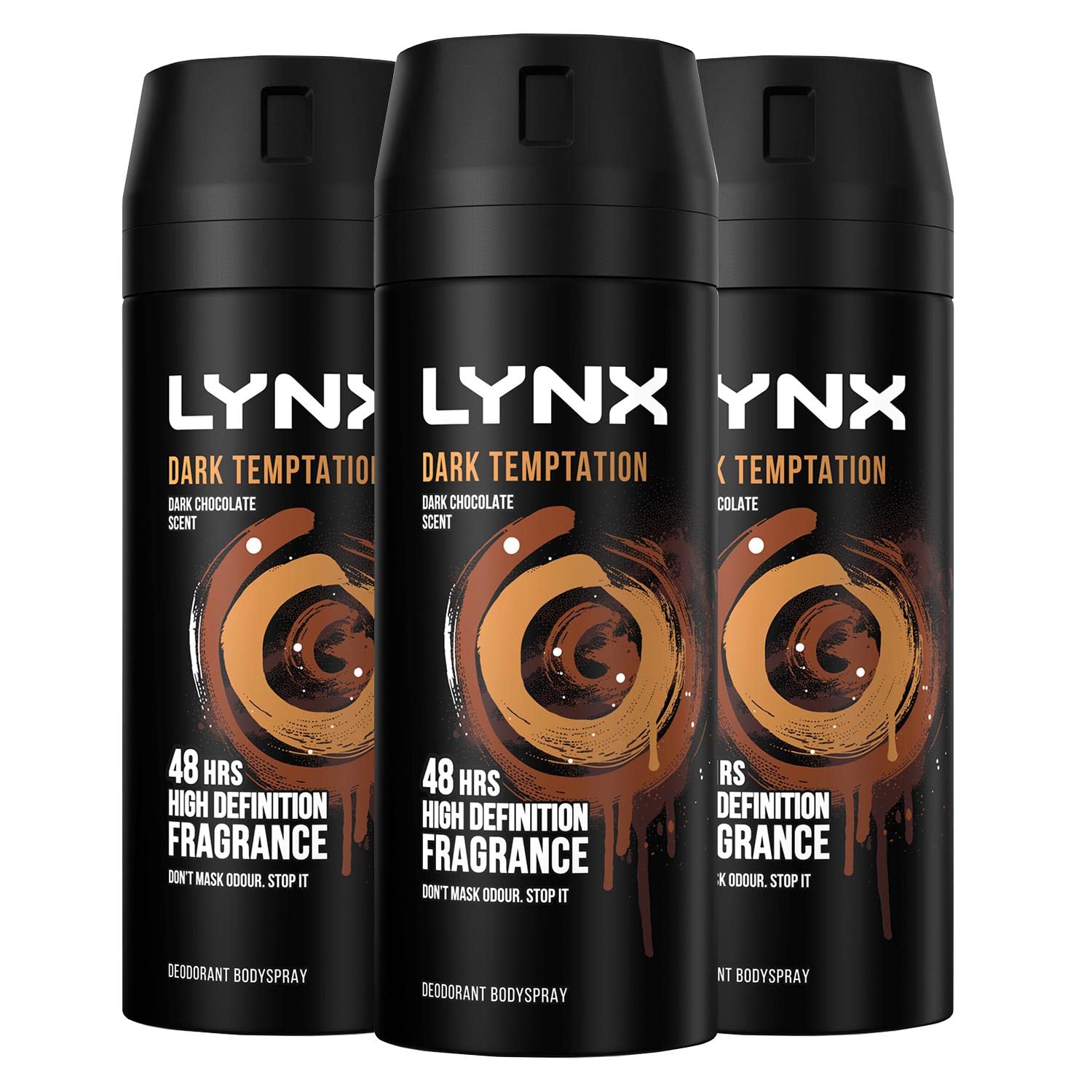 Lynx Men Dark Temptation Deodorant Body Spray for 48 hours of odour-busting, high definition fragrance with a smooth dark chocolate scent 150 ml, Pack of 3