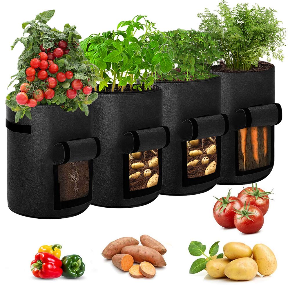 Airsnigi 10 Gallon Potato Grow Bags, 4 Pack Plant Grow Bags with Flap Window Handles Vegetable Growing Bag for Vegetables, Fruits, Garden, Outdoor, Black