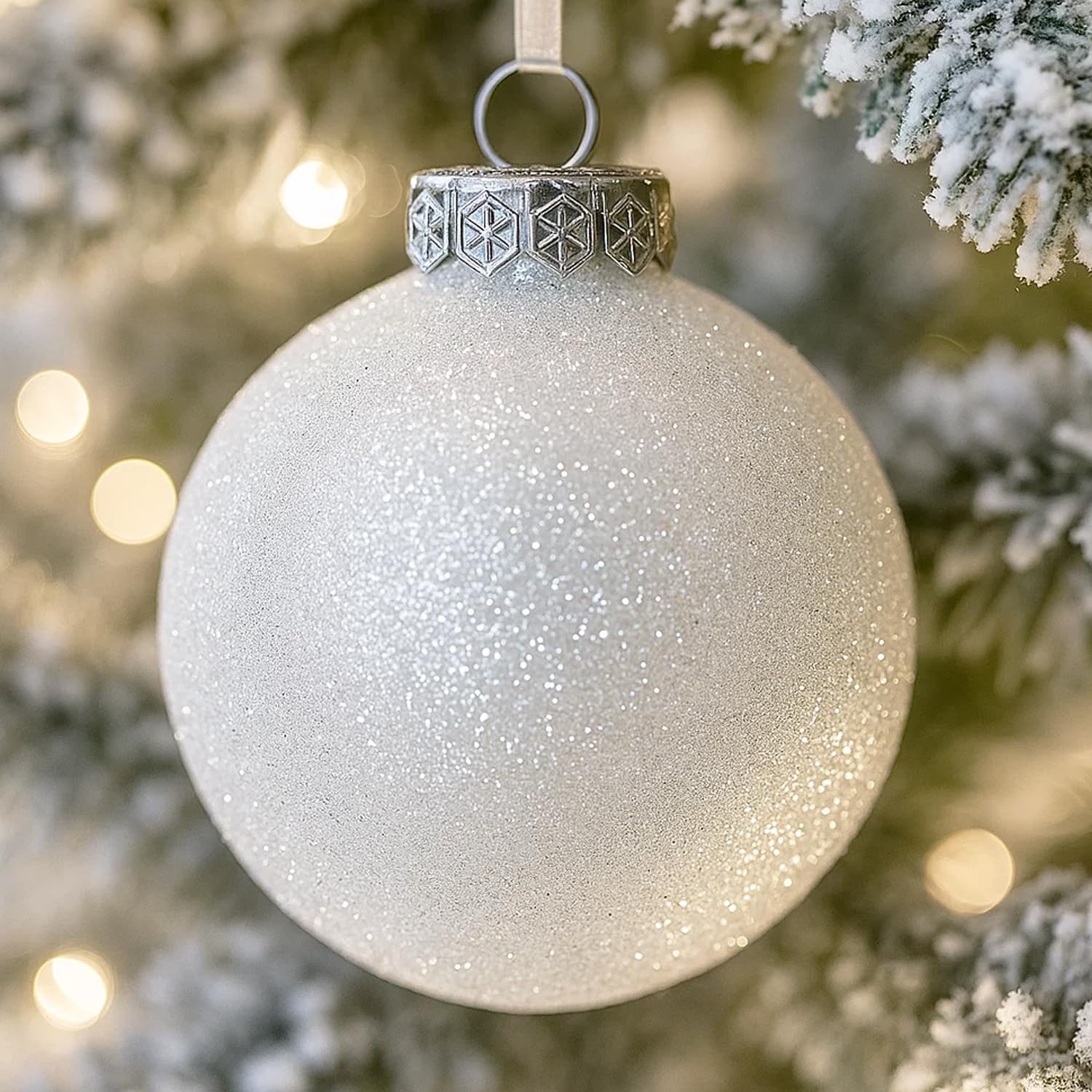 SLEETLY Big White Baubles Christmas Tree Holiday Decorations for - Extra Large Shatterproof Plastic 120mm Glitter Snow Balls and Snowflakes, Ornament Set of 8