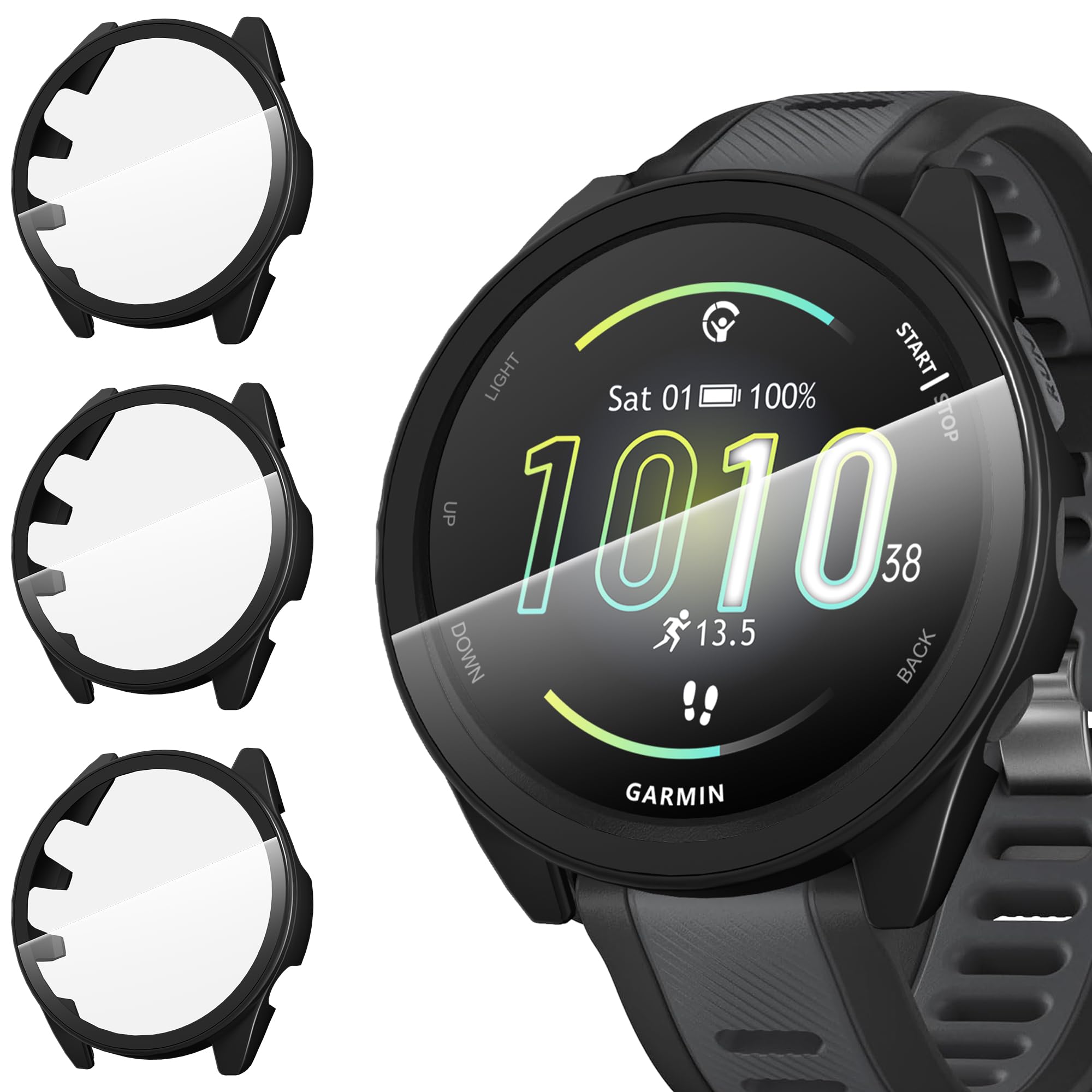 Photo 1 of Suoman 3 Pack for Garmin Forerunner 165 Smartwatch Case, 9H Tempered Glass Screen Protector, All-coverage PC Protective Cover -Black