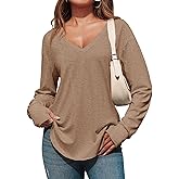 Tankaneo Womens Deep V Neck Tunic Tops Long Sleeve Oversized Casual Loose Fit Curved Hem T Shirts