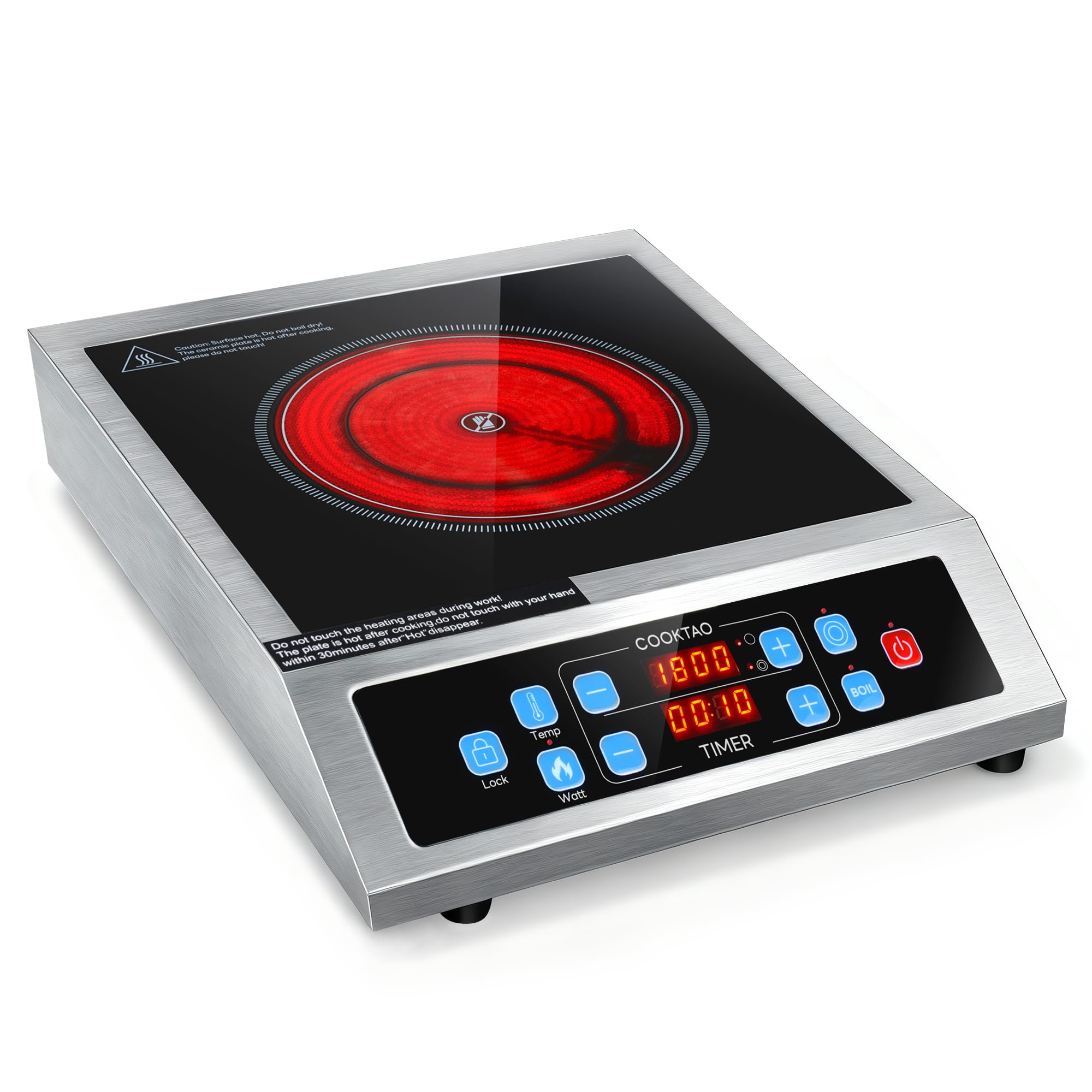 Photo 1 of Dual Coils Design of Stainless Steel Single Burner Electric Cooktop, 1800W Commercial Ceramic Infrared Cooking Hot Plate, Portable Countertop Radiant Stove Top Cooker with WATT and TEMP Control