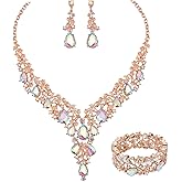 CSY Elegant Crystal Costume Jewelry Sets Flower Bridal Necklace Earrings Stretch Bangle Set for Bride Bridesmaid Wedding Dress Accessories