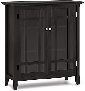 SIMPLIHOME Bedford SOLID WOOD 39 inch Wide Rustic Medium Storage Cabinet in Hickory Brown, with 2 Tempered Glass Doors, 4 Adjustable Shelves