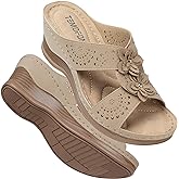 TEMOFON Womens Wedge Sandals Leather: Dressy Sandal, Rubber Sole, Comfortable Walking, Casual Slip on Summer Shoes, Size 5-11