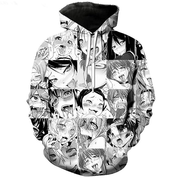 CHENMA Herren Lustiger Ahegao 3D-Druck Pullover Kapuzen-Sweatshirt mit Kängurutasche