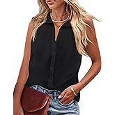 HOTOUCH Womens Sleeveless Button Down Shirt Collared Cotton Linen Blouse Casual Office Shirts Basic Tank Top