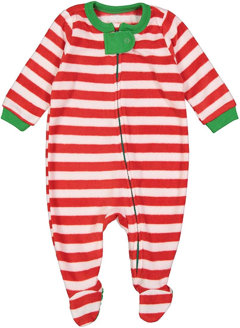 | Kids Pyjamas | Unisex | Boys, Girls | Fleece | Sizes: 6 months - 5 years | Striped, Red-Green-White | Comfortable, Warm | Romper | One piece | With Feet | 100% Polyester | Christmas Sleepwear