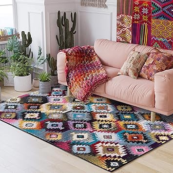 Amazon De Gjxy Moderner Kurzflor Teppich Gestreift Ethno Muster Bunt Outdoor Teppich Boho Fur