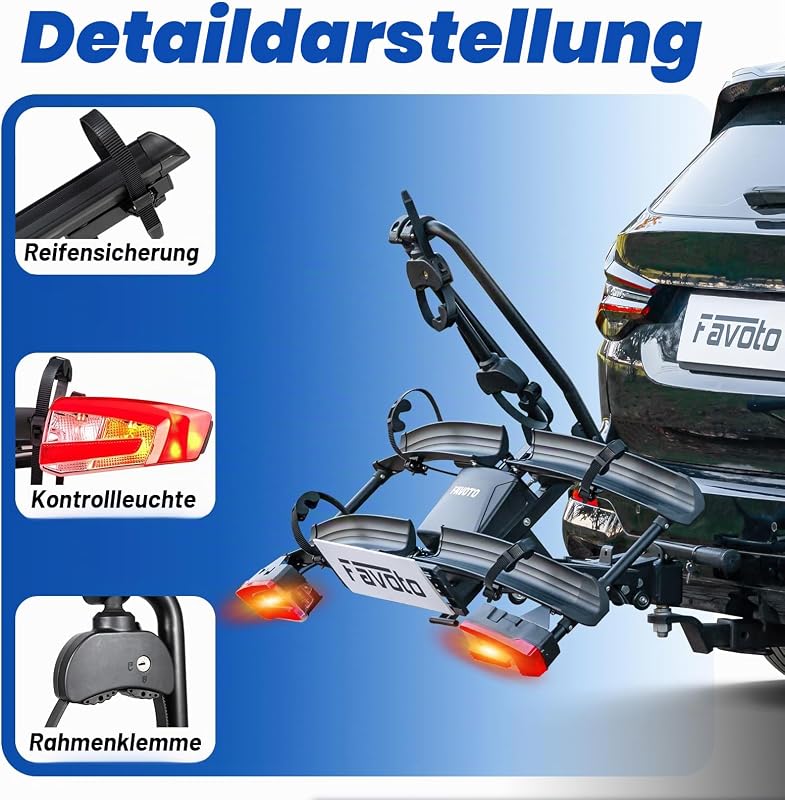E-Bike Fahrradträger mit Klappbarer Rampe – Aluminium Heckträger für 2 Fahrräder bis 60 kg mit Rücklicht Diebstahlsicherung & Nummernschildhalter max 26x4.0 Reifen