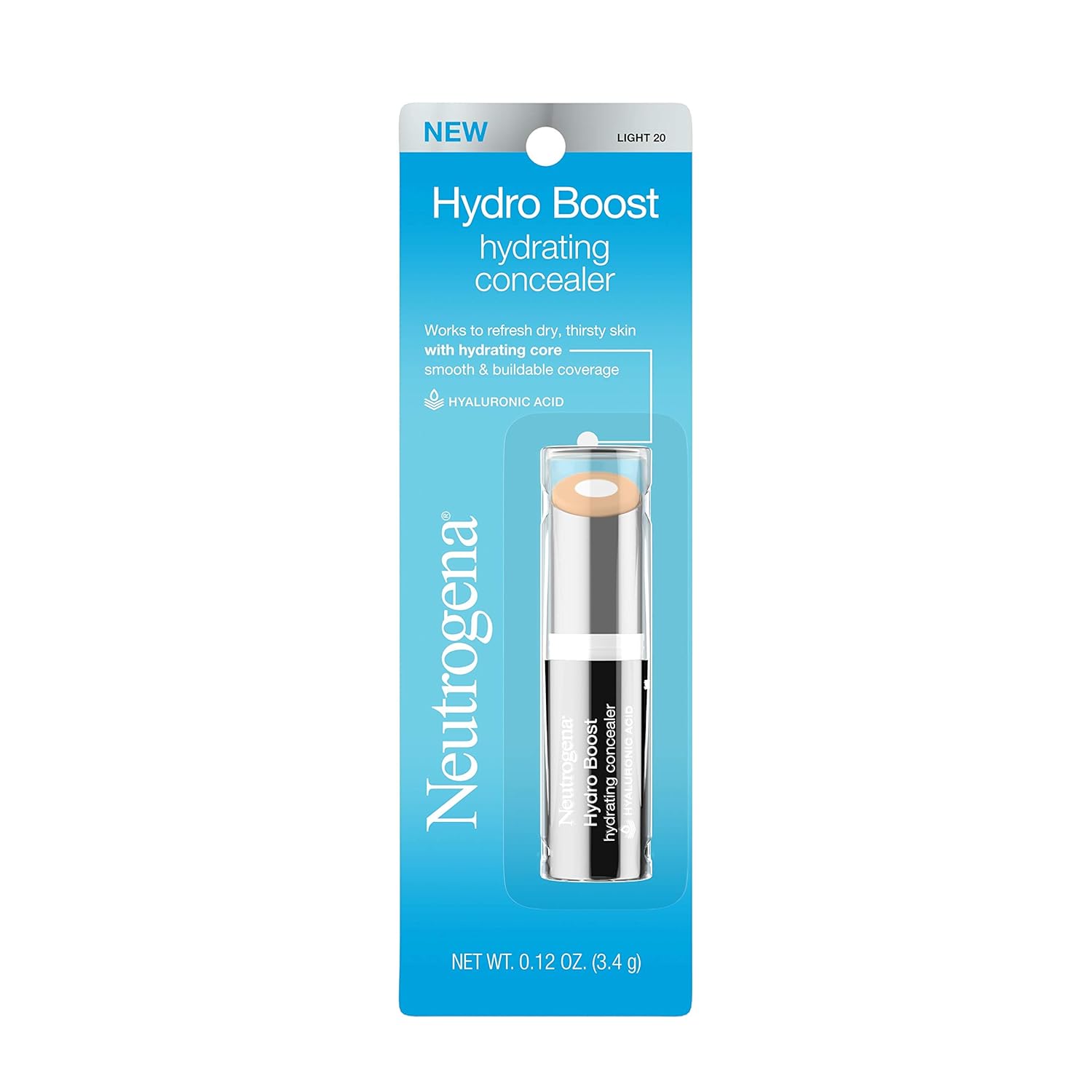 Neutrogena Hydro Boost Hydrating Concealer Stick for Dry Skin, Oil-Free, Lightweight, Non-Greasy and Non-Comedogenic Cover-Up Makeup with Hyaluronic Acid, 20 Light, 0.12 Oz : Beauty