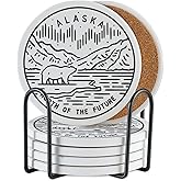Onebttl Alaska Gifts Coaster Souvenir, Travel Homesick Gifts, Home Decor for Women, Moving, Housewarming, Set of 6, Ceramic, Absorbent with Cork Base
