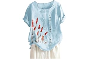 Lainuyoah Baggy Linen Button Up Shirts For Women Retro Embroidery/Printed Tees Cotton Linen Short Sleeve Summer Loose Blouse