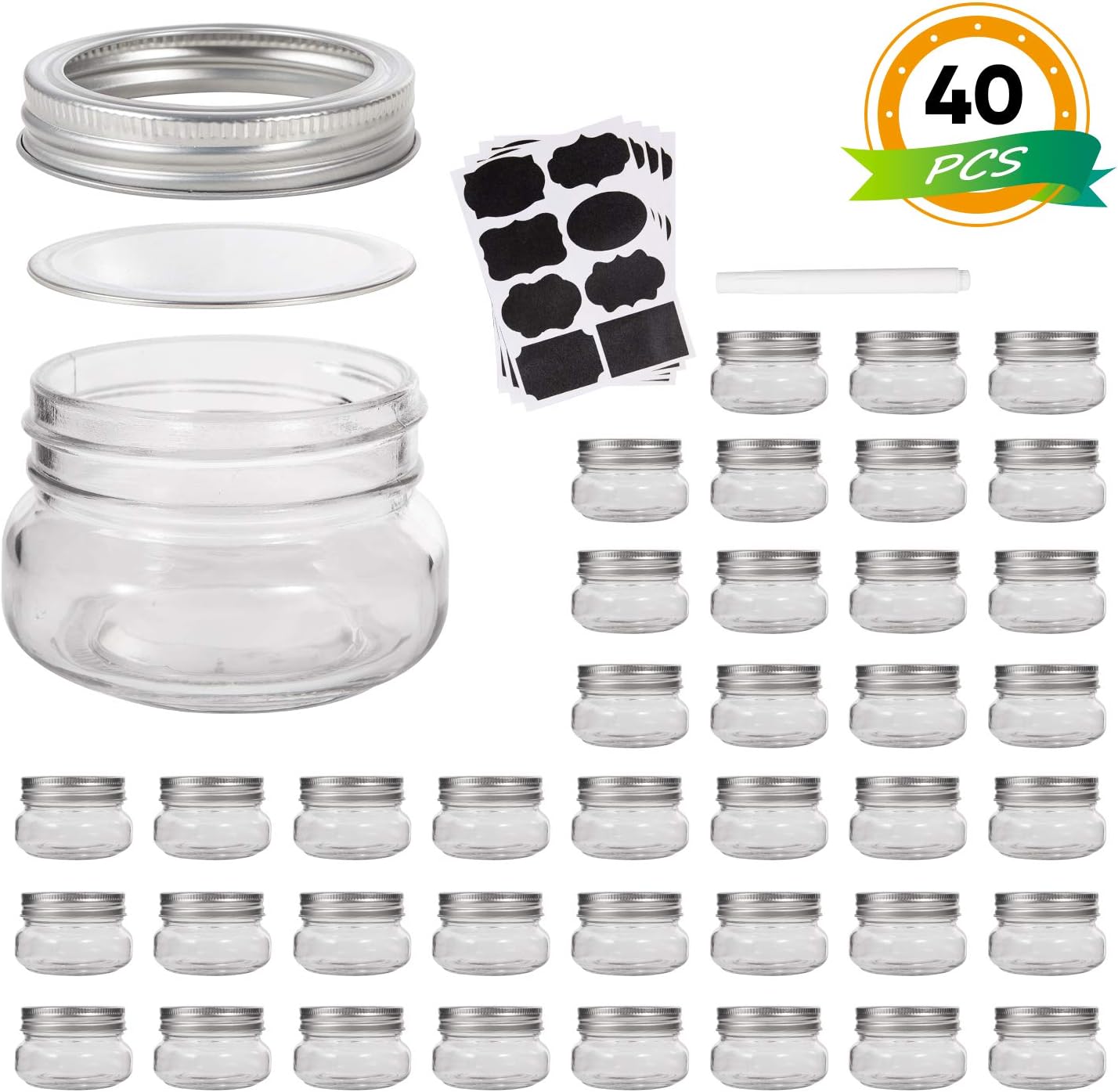 Mini Mason Jars, Glass jar 5OZ With Regular Lids and Bands,Ideal for Jam,Honey,Wedding Favors,Shower Favors,Baby Foods,40 PACK,