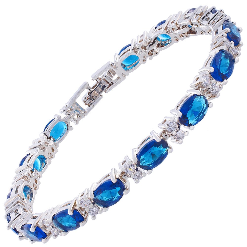 RIZILIA Eternity Tennis Bracelet [18cm/7inch] with Oval Cut Gemstones CZ [Blue Sapphire] in 18K White Gold Plated, Simple Modern Elegance