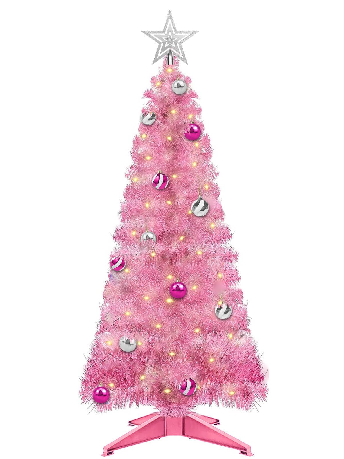 Photo 1 of 4 Ft Pink Christmas Tree with Timer Remote Control 8 Mode 100 Warm White Light 18 DIY Ball Ornaments 3D Star Battery Operated Small Xmas Tree Table Indoor Holiday Decor