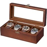 ProCase 4 Slot Wooden Watch Display Case With Glass Lid, Organizer | Elegant Wooden Watch Box With Glass Lid And Soft Lining For Men And Women, Ideal For Home Display And Birthday Gifts - Brown