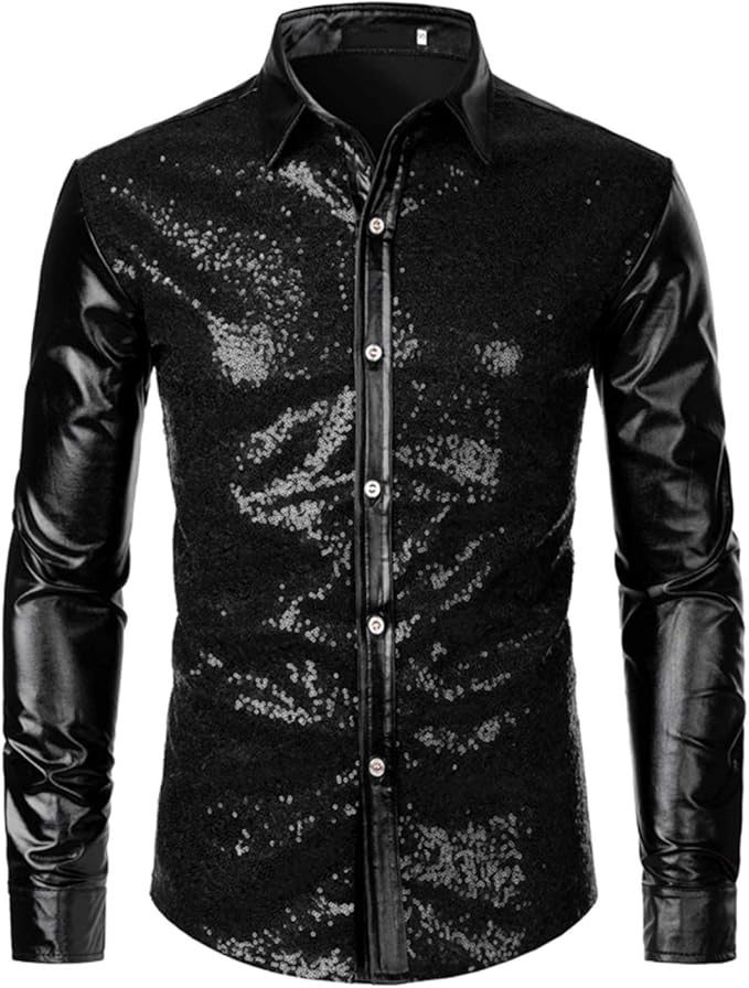 Aututer Black Sequined Glitter Dress Shirt Men's Shiny LongSleeved