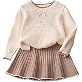 SHENHE Girl's 2 Piece Fall Outfits Crewneck Bow Sweater and Pleated Knit Flare Mini Skirt Set