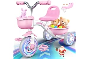 Kkdi Toddler Tricycle for 1-3 3-5 Year Olds, 2 3 4 5 Year Old Girl Xmas Birthday Gifts, Pink Toddler Baby Bike, 4-Level Adjustable Seat, 3 Color Light Wheels, 2 Baskets, Outdoor Toys for Ages 2-4