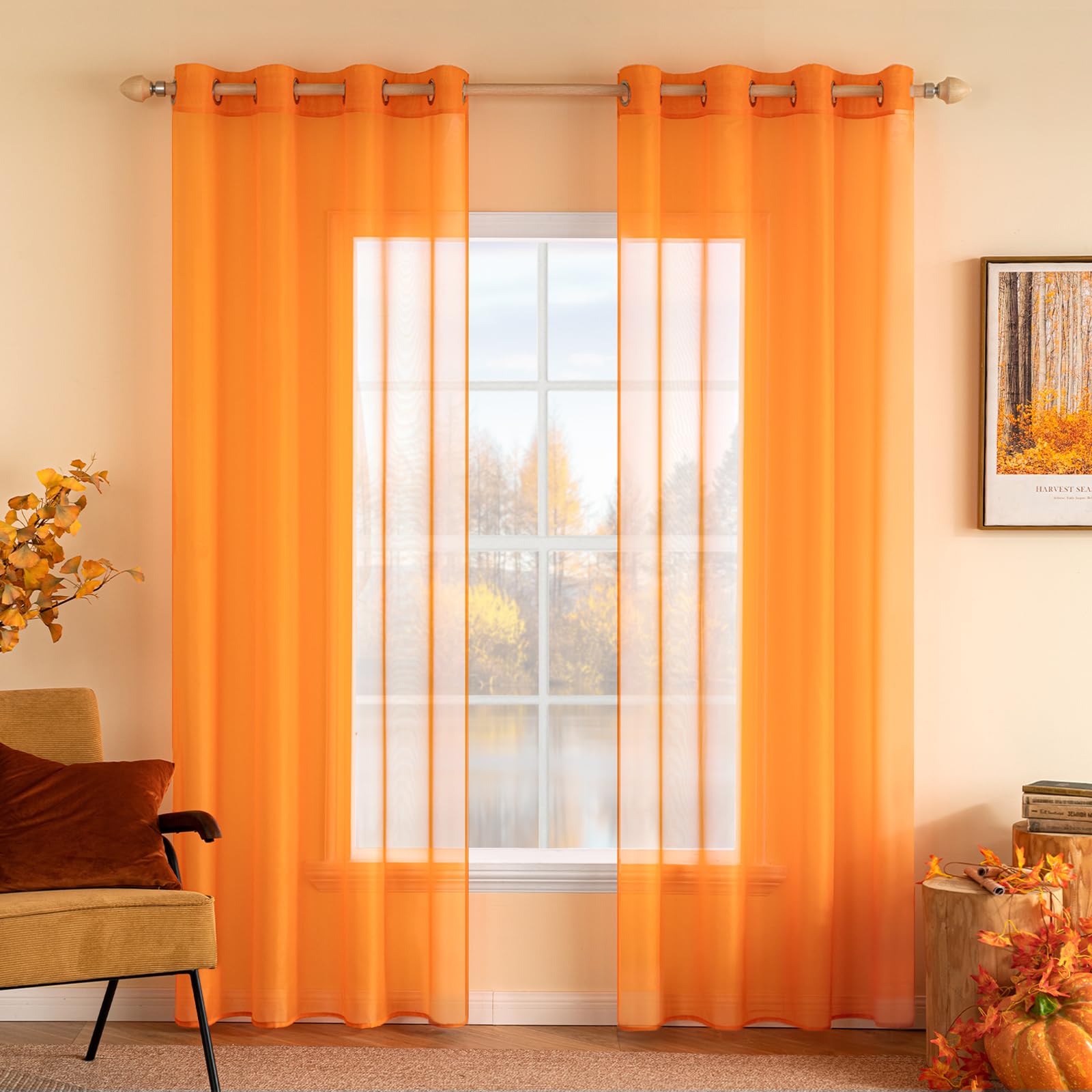MIULEE 2 Panels Solid Color Sheer Window Curtains Smooth Elegant Window Voile Panels/Drapes/Treatment for Bedroom Living Room 55" Wx110 L Orange, Grommet Top