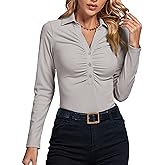 LYANER Women's Rib Knit Collar Deep V Neck Ruched Buttons Long Sleeve Bodysuit Leotard Top