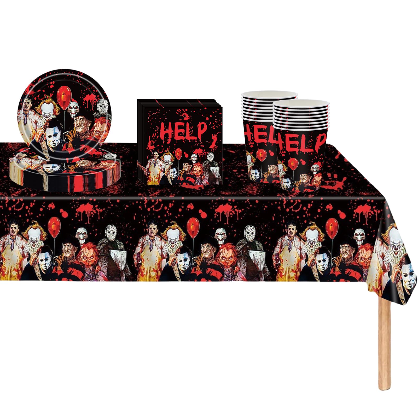 YAAVAAW Halloween Party Tableware Set,53pcs Horror Movie Character Dinnerware Set Halloween Tableware Decor Plastic Tablecloth,Paper Plates Napkins and Cups for Halloween Scream Party Decorations
