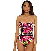Trina Turk Women's Bougainvillea Ruffle Bandeau One Piece Swimsuit, Floral Print, Adjustable, Bathing Suits